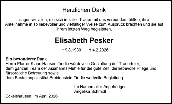 Traueranzeige von Elisabeth Pesker von Hinterländer Anzeiger