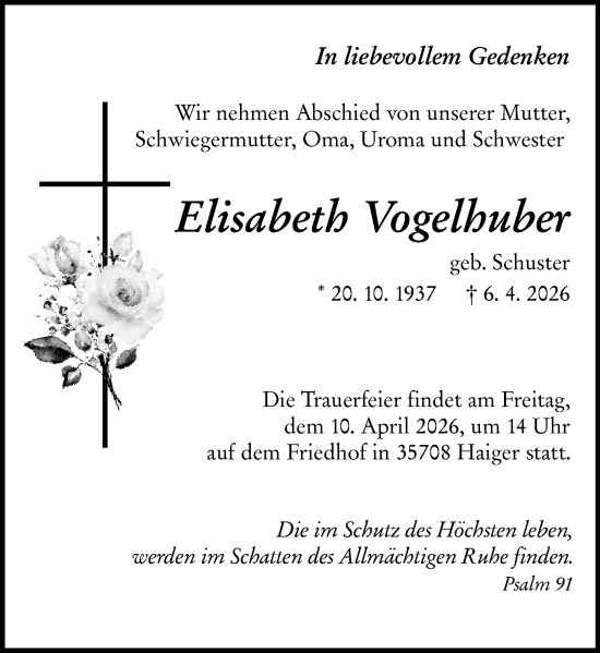 Traueranzeige von Elisabeth Vogelhuber von Dill Block