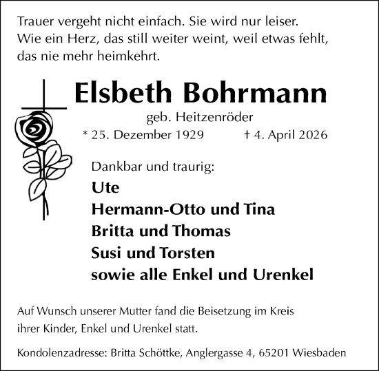 Traueranzeige von Elsbeth Bohrmann von Wiesbadener Kurier
