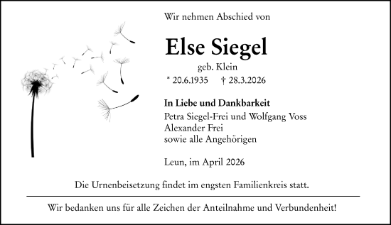 Traueranzeige von Else Siegel von Wetzlarer Neue Zeitung