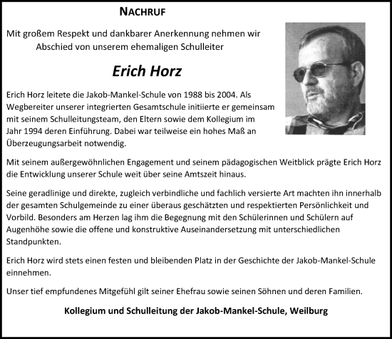 Traueranzeige von Erich Horz von Weilburger Tageblatt