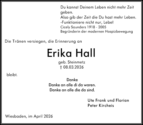 Traueranzeige von Erika Hall von Wiesbadener Kurier