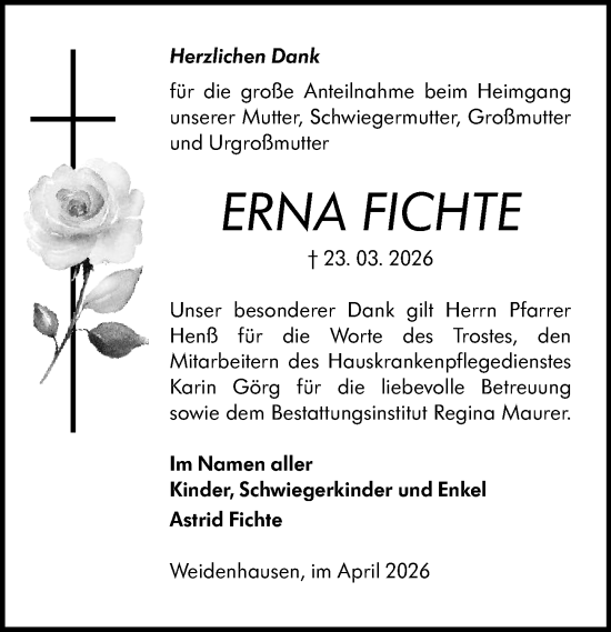 Traueranzeige von Erna Fichte von Hinterländer Anzeiger