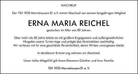 Traueranzeige von Erna Maria Reichel von Hinterländer Anzeiger