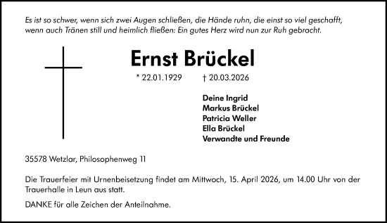 Traueranzeige von Ernst Brückel von Wetzlarer Neue Zeitung