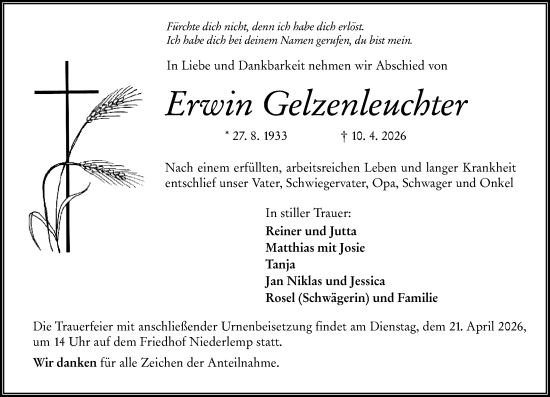 Traueranzeige von Erwin Gelzenleuchter von Wetzlarer Neue Zeitung