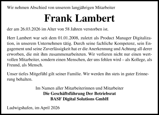 Traueranzeige von Frank Lambert von Allgemeine Zeitung Alzey