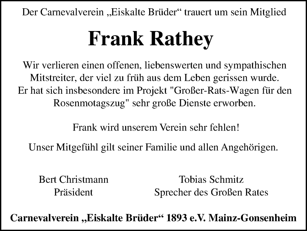  Traueranzeige für Frank Rathey vom 18.04.2026 aus Allgemeine Zeitung Mainz