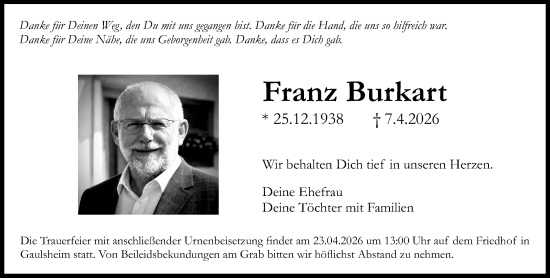 Traueranzeige von Franz Burkart von Allgemeine Zeitung Rheinhessen-Nahe