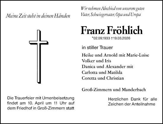 Traueranzeige von Franz Fröhlich von Dill Block