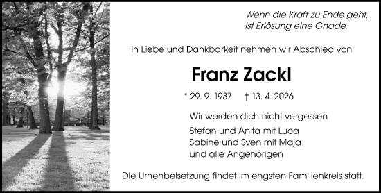Traueranzeige von Franz Zackl von Darmstädter Echo