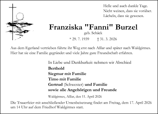 Traueranzeige von Franziska Burzel von Wetzlarer Neue Zeitung