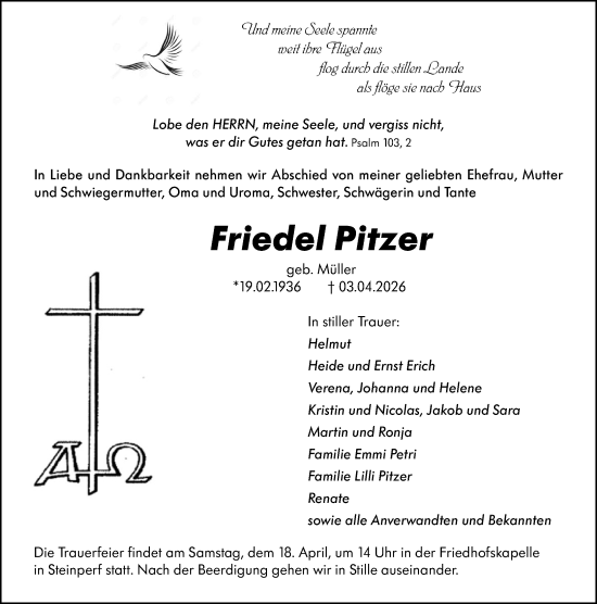 Traueranzeige von Friedel Pitzer von Hinterländer Anzeiger