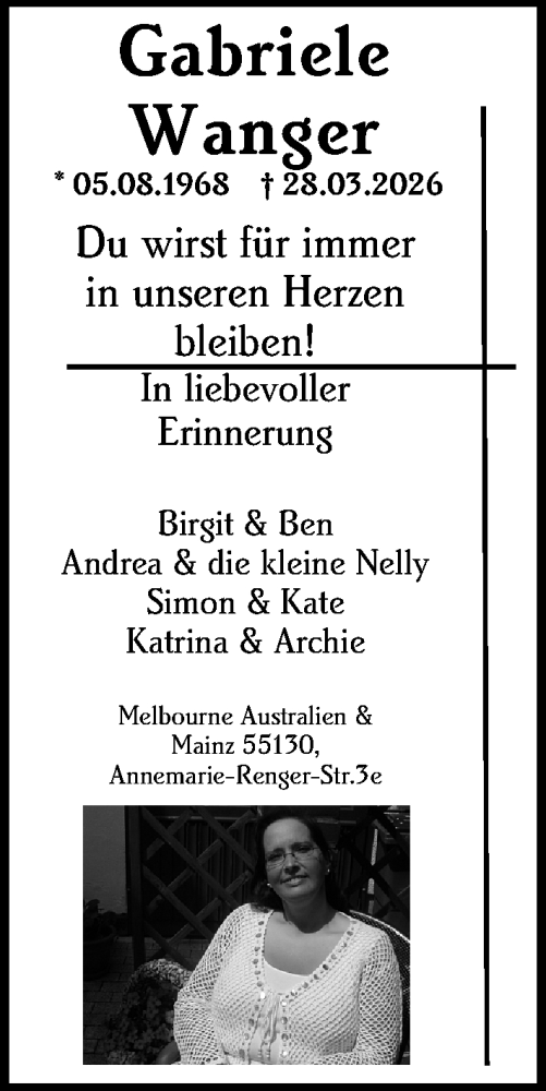 Traueranzeige von Gabriele Wanger von Allgemeine Zeitung Mainz