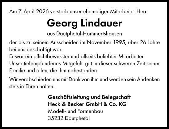 Traueranzeige von Georg Lindauer von Hinterländer Anzeiger