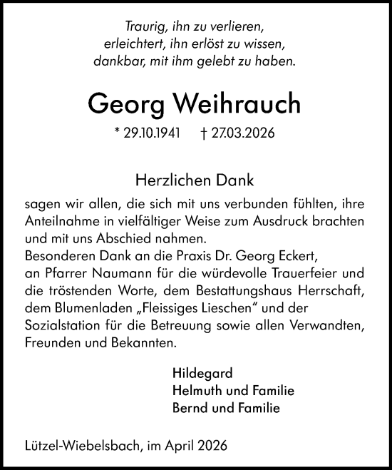 Traueranzeige von Georg Weihrauch von Odenwälder Echo