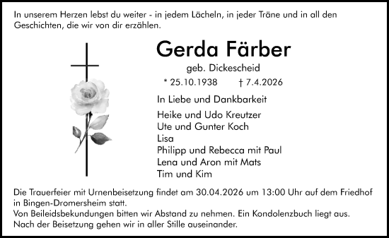 Traueranzeige von Gerda Färber von Allgemeine Zeitung Rheinhessen-Nahe