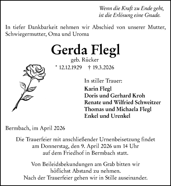 Traueranzeige von Gerda Flegl von Weilburger Tageblatt