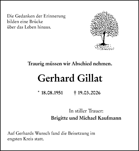 Traueranzeige von Gerhard Gillat von Hinterländer Anzeiger