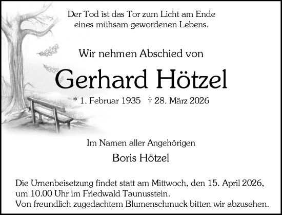 Traueranzeige von Gerhard Hötzel von Rheingau-Taunus-Kreis Wochenblatt