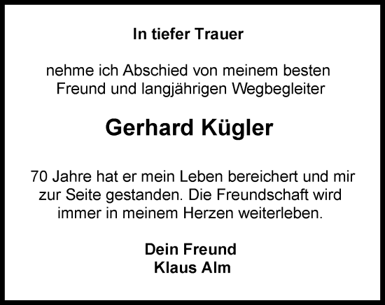 Traueranzeige von Gerhard Kügler von Idsteiner Land/Untertaunus