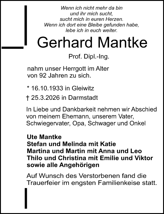 Traueranzeige von Gerhard Mantke von Darmstädter Echo