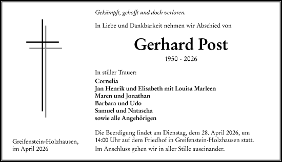 Traueranzeige von Gerhard Post von Wetzlarer Neue Zeitung