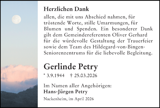 Traueranzeige von Gerlinde Petry von Allgemeine Zeitung Mainz