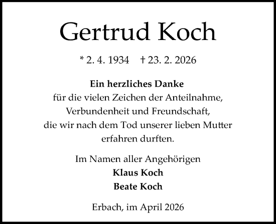 Traueranzeige von Gertrud Koch von Odenwälder Echo