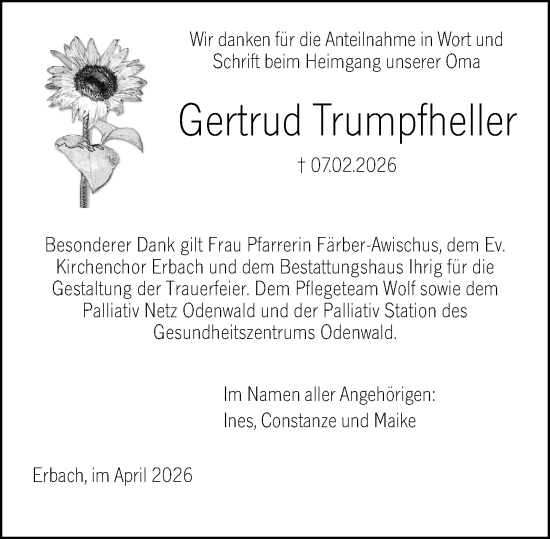 Traueranzeige von Gertrud Trumpfheller von Odenwälder Echo