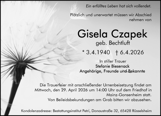 Traueranzeige von Gisela Czapek von Allgemeine Zeitung Mainz