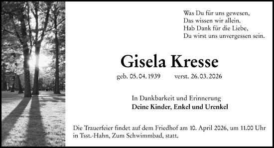 Traueranzeige von Gisela Kresse von Wiesbadener Kurier