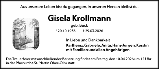 Traueranzeige von Gisela Krollmann von Allgemeine Zeitung Mainz