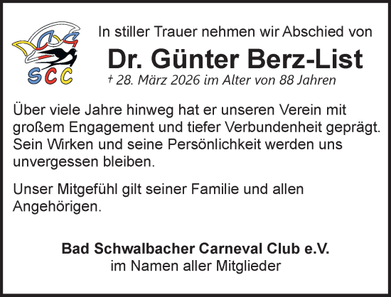 Traueranzeige von Günter Berz-List von Wiesbadener Kurier