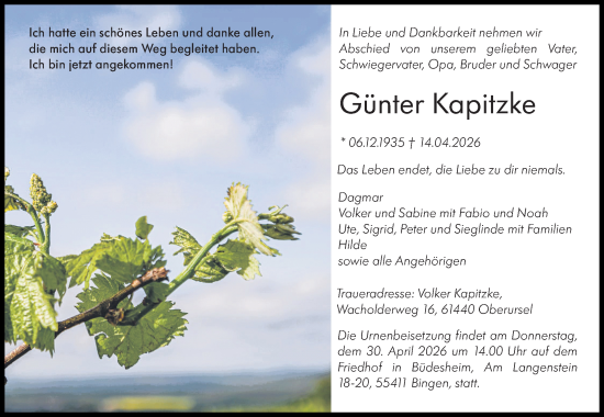 Traueranzeige von Günter Kapitzke von Allgemeine Zeitung Rheinhessen-Nahe