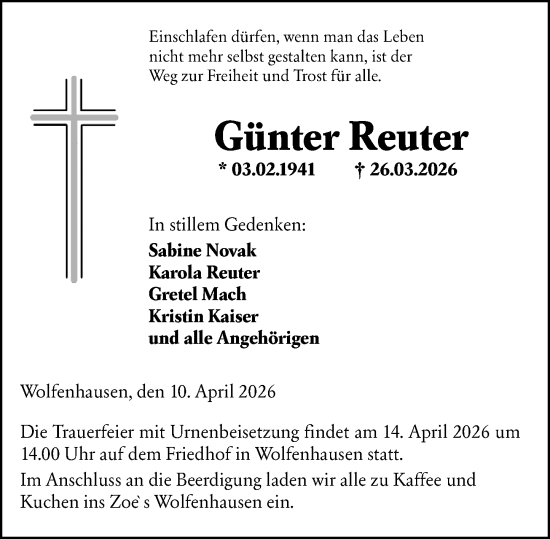 Traueranzeige von Günter Reuter von Weilburger Tageblatt