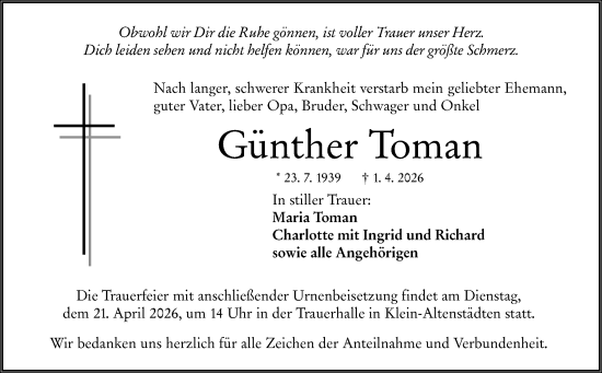 Traueranzeige von Günther Toman von Wetzlarer Neue Zeitung