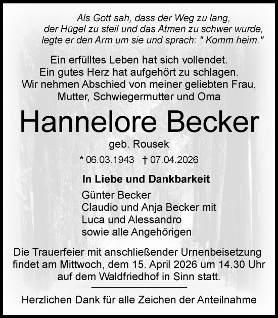 Traueranzeige von Hannelore Becker von Dill Block