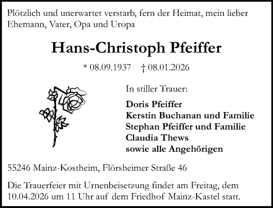 Traueranzeige von Hans-Christoph Pfeiffer von Allgemeine Zeitung Mainz