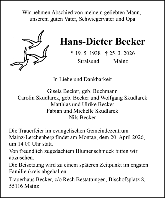 Traueranzeige von Hans-Dieter Becker von Allgemeine Zeitung Mainz