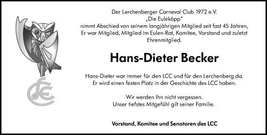 Traueranzeige von Hans-Dieter Becker von Allgemeine Zeitung Mainz