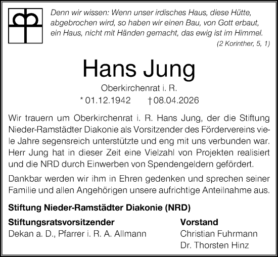 Traueranzeige von Hans Jung von Darmstädter Echo