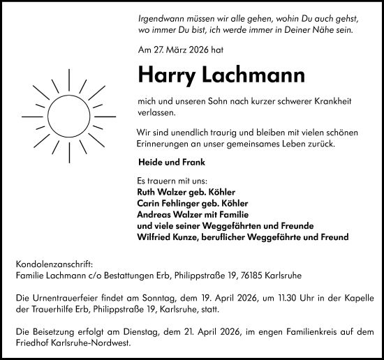 Traueranzeige von Harry Lachmann von Nassauische Neue Presse