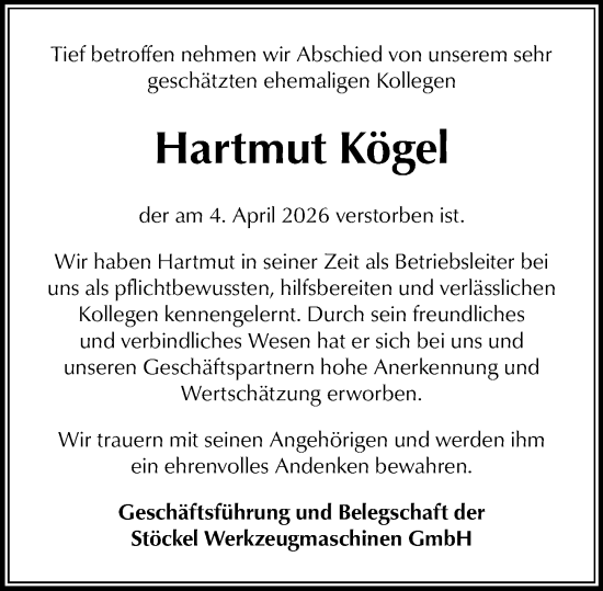 Traueranzeige von Hartmut Kögel von Dill Block