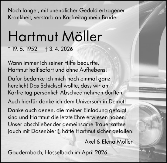 Traueranzeige von Hartmut Möller von Weilburger Tageblatt