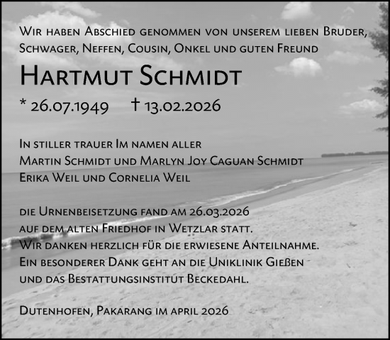 Traueranzeige von Hartmut Schmidt von Wetzlarer Neue Zeitung