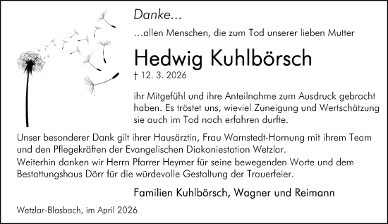 Traueranzeige von Hedwig Kuhlbörsch von Wetzlarer Neue Zeitung