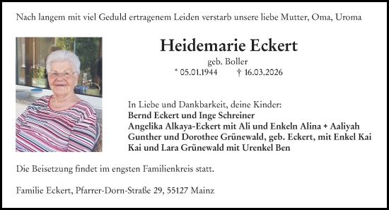 Traueranzeige von Heidemarie Eckert von Allgemeine Zeitung Mainz