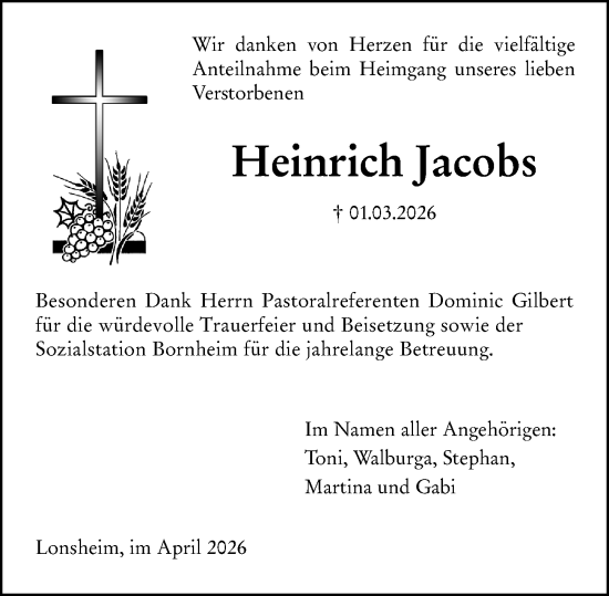 Traueranzeige von Heinrich Jacobs von Allgemeine Zeitung Alzey