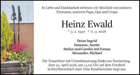 Traueranzeige von Heinz Ewald von Odenwälder Echo